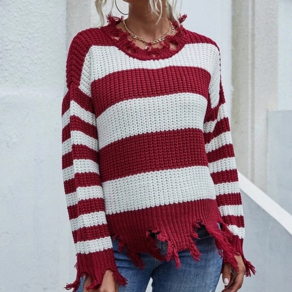 Sweaters - Red/White Striped Frayed Style Knit Sweater in M